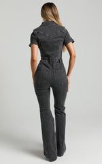 Silvena Jumpsuit - Short Sleeve Flared Denim Jumpsuit in Black Wash