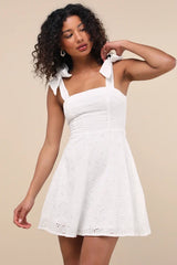 Sneak a Kiss White Floral Embroidered Tie-Strap Mini Dress
