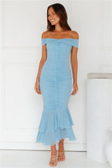 Tanisha Off Shoulder Mesh Midi Dress Blue