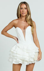 Shirley Mini Dress - Plunge Tulle Skirt Dress in Off White