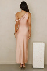 Stylish Season Off Shoulder Satin Midi Dress Peach