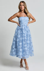 Rheiva Midi Dress - Strapless 3D Embroidery Midi Dress in SOFT BLUE