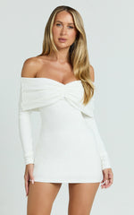 Rani Mini Dress - Off Shoulder Long Sleeve Bodycon Dress in Off White