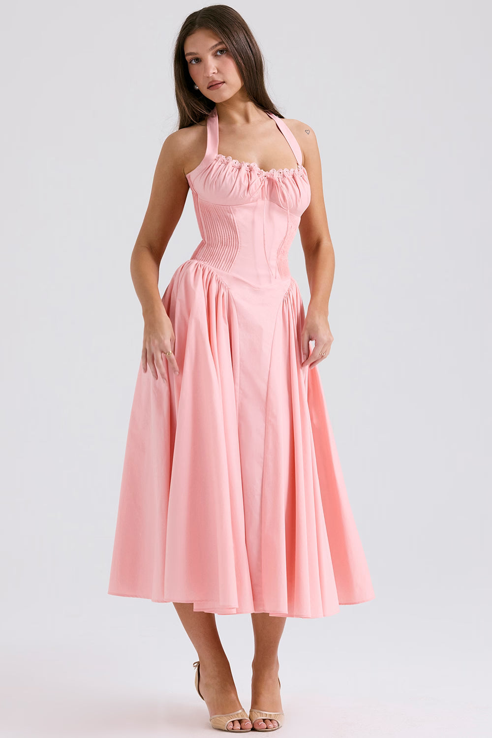 rose pink cotton halter midi sundress