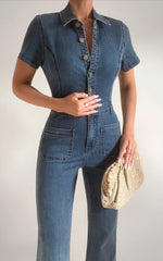 Silvena Jumpsuit - Short Sleeve Flared Denim Jumpsuit in Indigo Wash