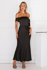 The Hype Off Shoulder Satin Midi Dress Black