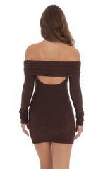 Ribbed Off Shoulder Open Back Dress in Brown