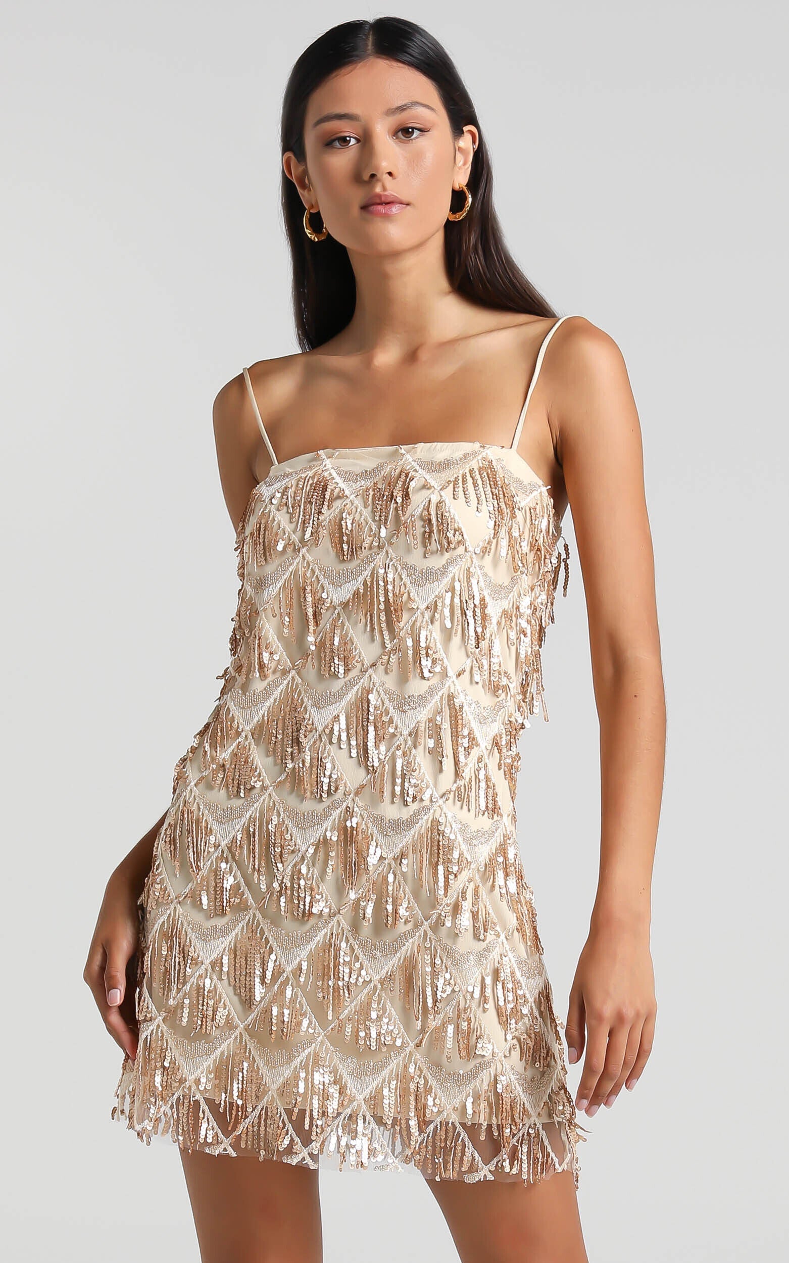 Shook Mini Dress - Cami Sequin Fringe Dress in Champagne Sequin