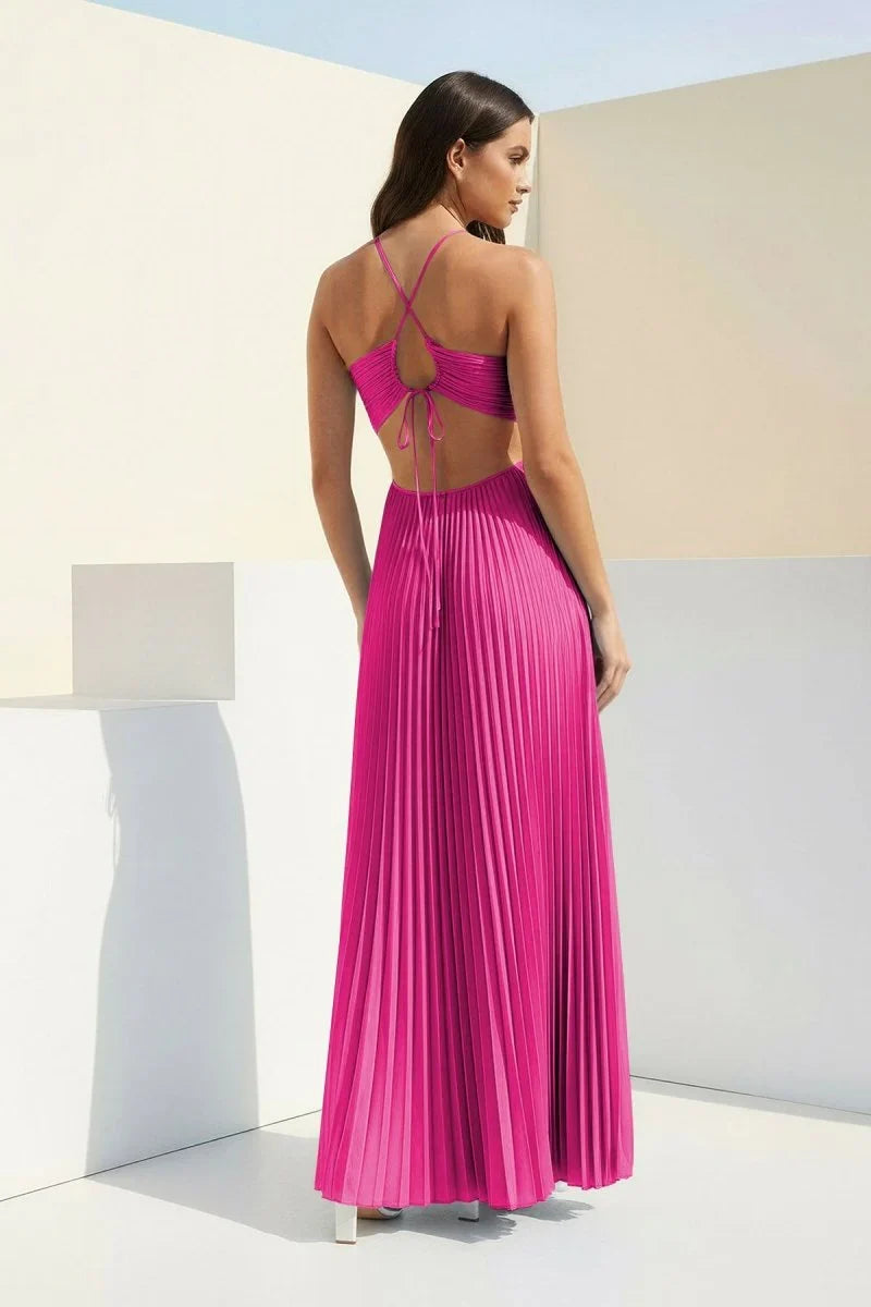 Sky Blue Halter Pleated Satin A Line Prom Dresses With Cutout
