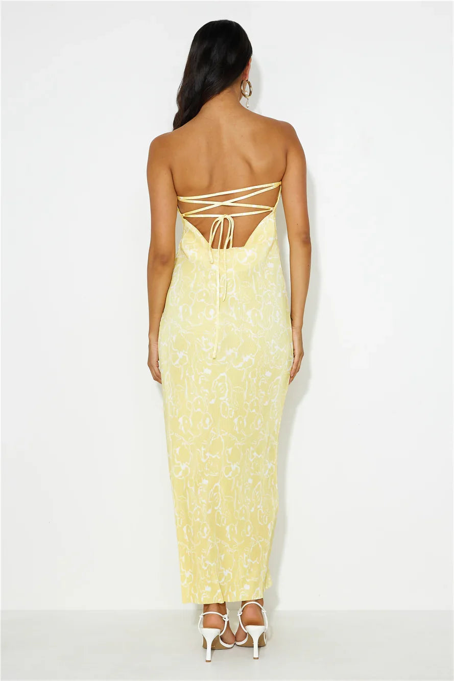 Sharp Style Strapless Plisse Maxi Dress Yellow
