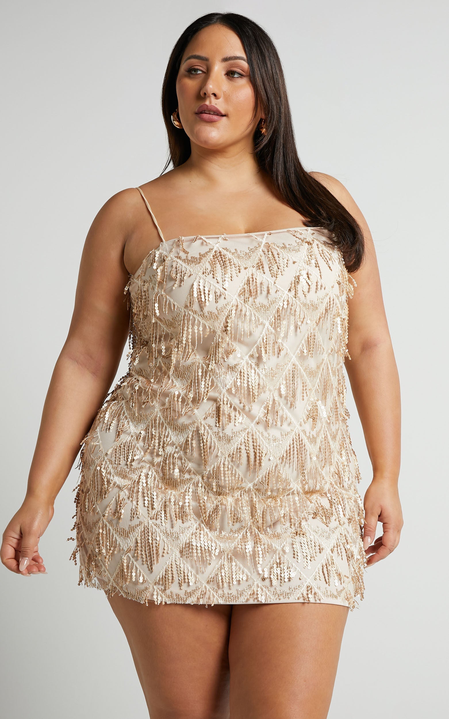 Shook Mini Dress - Cami Sequin Fringe Dress in Champagne Sequin