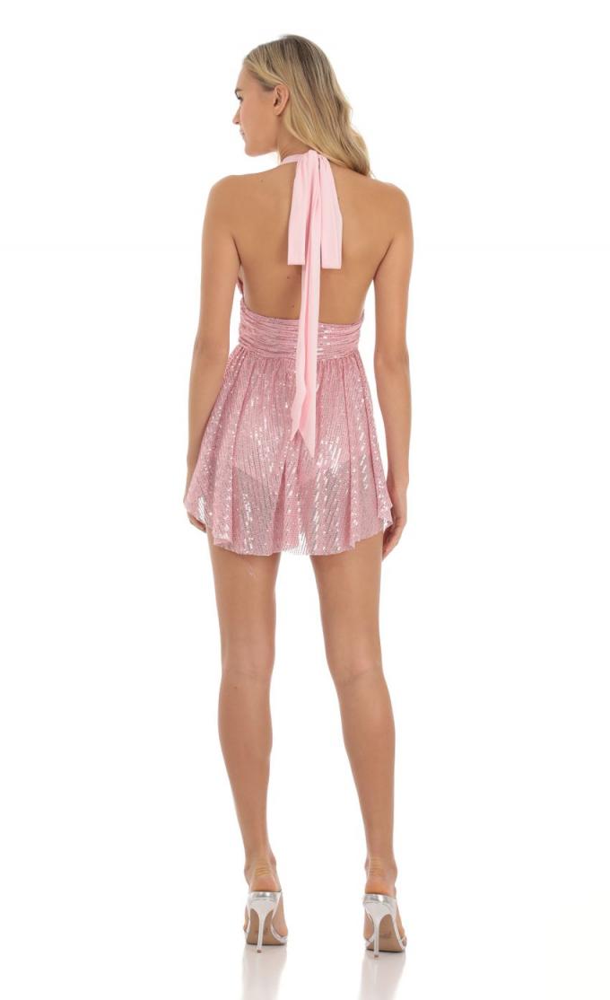Womens Mini Dresses | Sequin Halter Dress in Pink