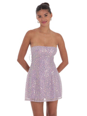 Sequin Glitter Strapless Fit and Flare Dress in Lilac