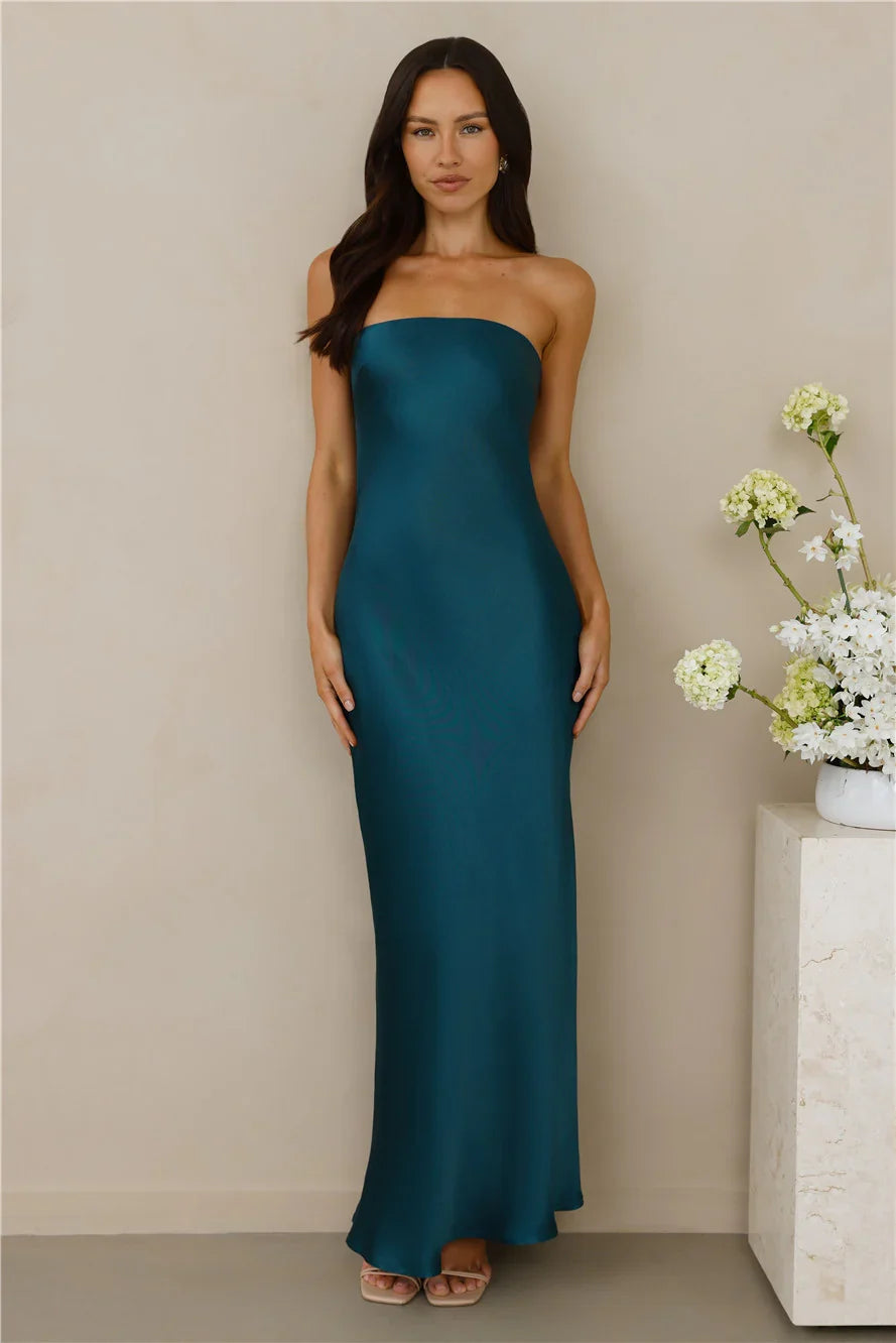 The Felicity Strapless Satin Maxi Dress Teal