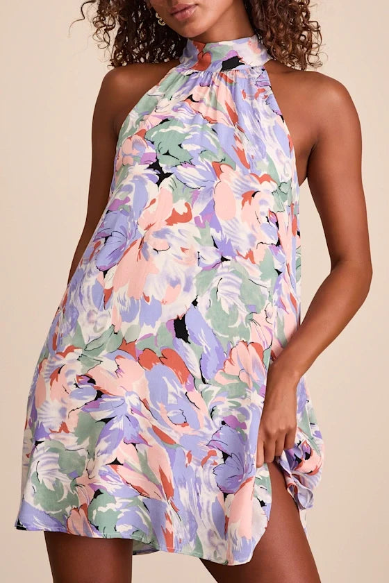 Tied Back To You Lavender Multi Floral Print Mini Shift Dress