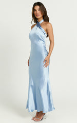 Rhianne Midi Dress - Twist Halter Neck Open Back Satin Dress in Light Blue