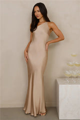 The Evangeline One Shoulder Satin Maxi Dress Champagne