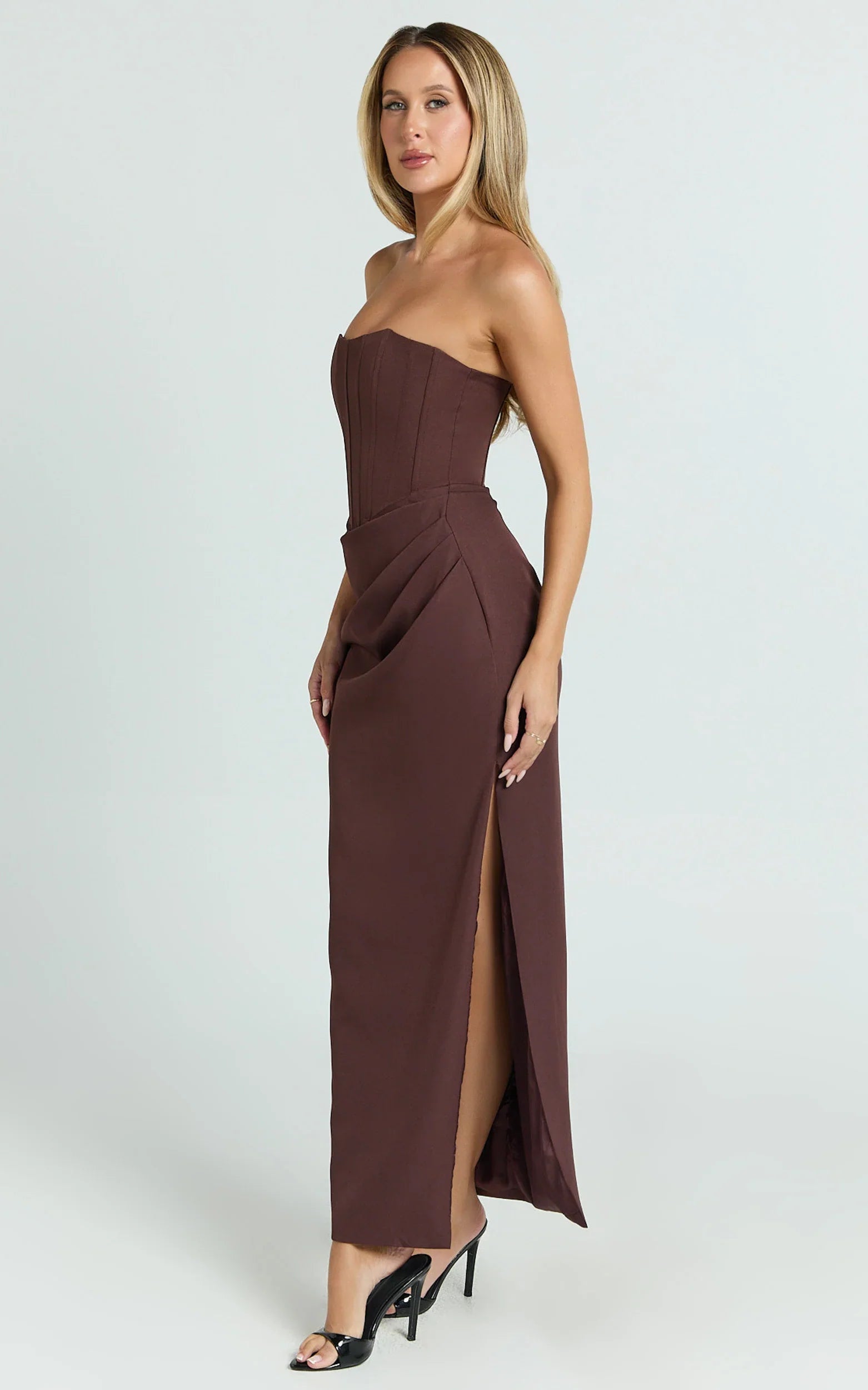 Strapless Draped Side Split Dress in Chocolate
