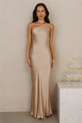 The Evangeline One Shoulder Satin Maxi Dress Champagne