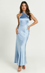 Rhianne Midi Dress - Twist Halter Neck Open Back Satin Dress in Light Blue