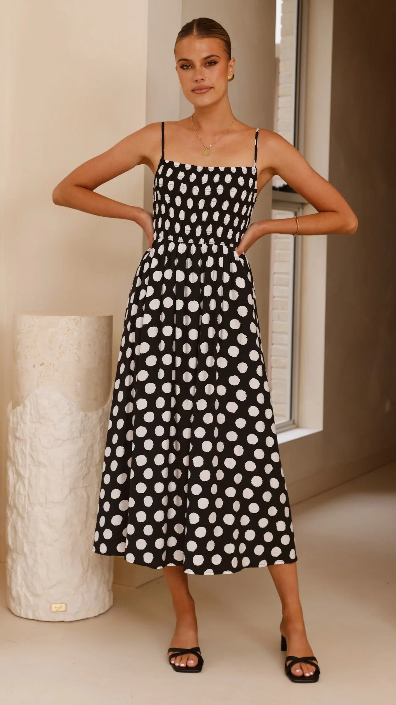 Roma Midi Dress - Black/ White Polka Dot