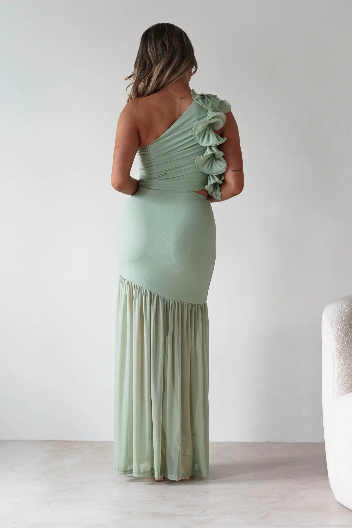 Stephanie Mesh Ruffle Maxi Dress | Sage