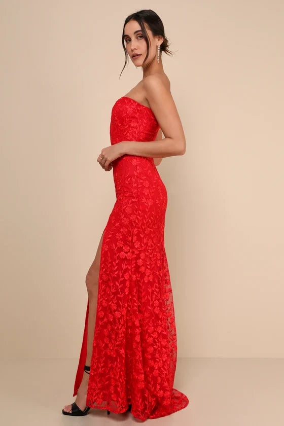 Romantic Beauty Red Floral Embroidered Strapless Maxi Dress